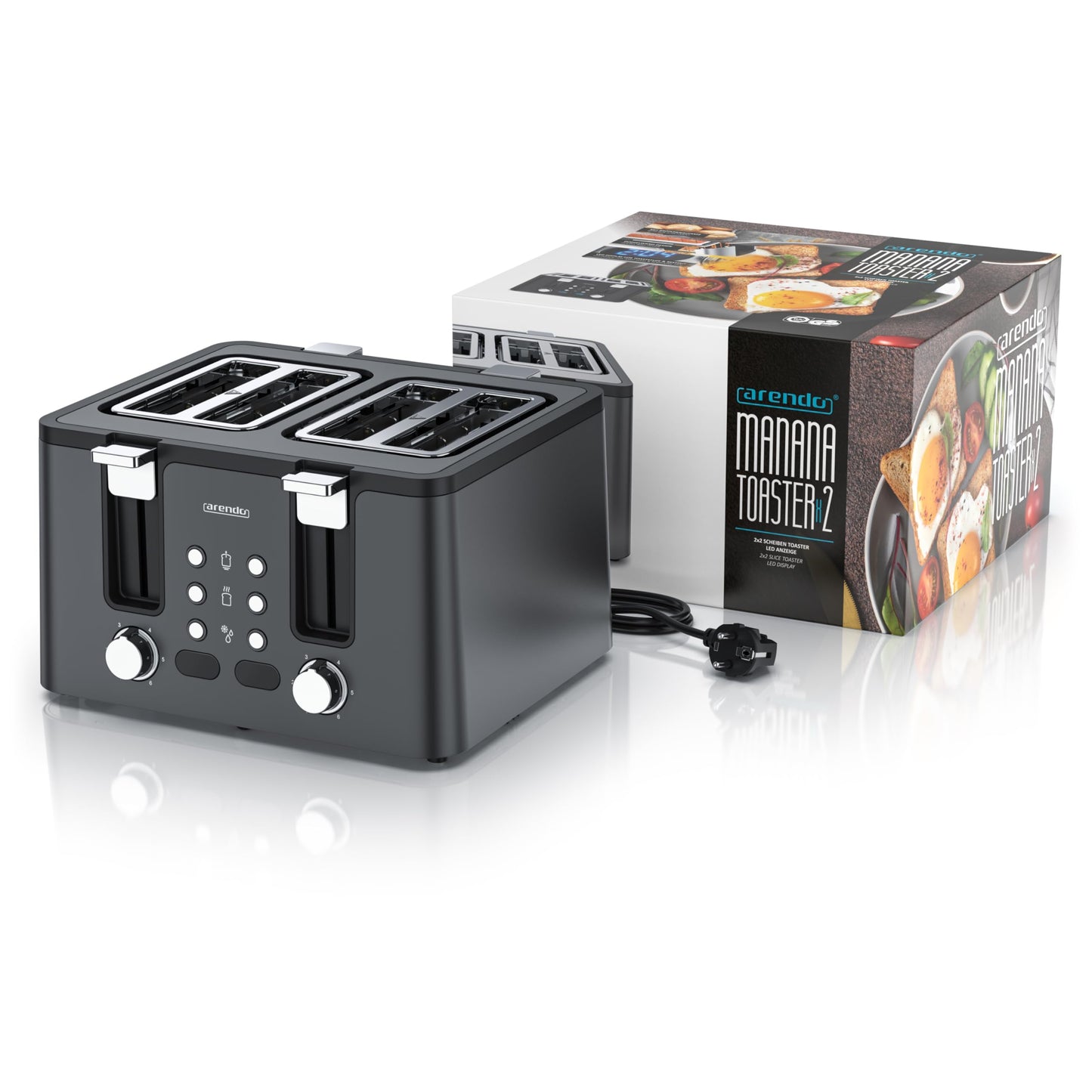 Arendo - 4-Slice Stainless Steel Toaster - with Bun Attachment - 4 Slots - LED Display Countdown Timer - Double-Wall Housing - Defrost Function - Crumb Tray - 6 Browning Levels - Cool Grey Design