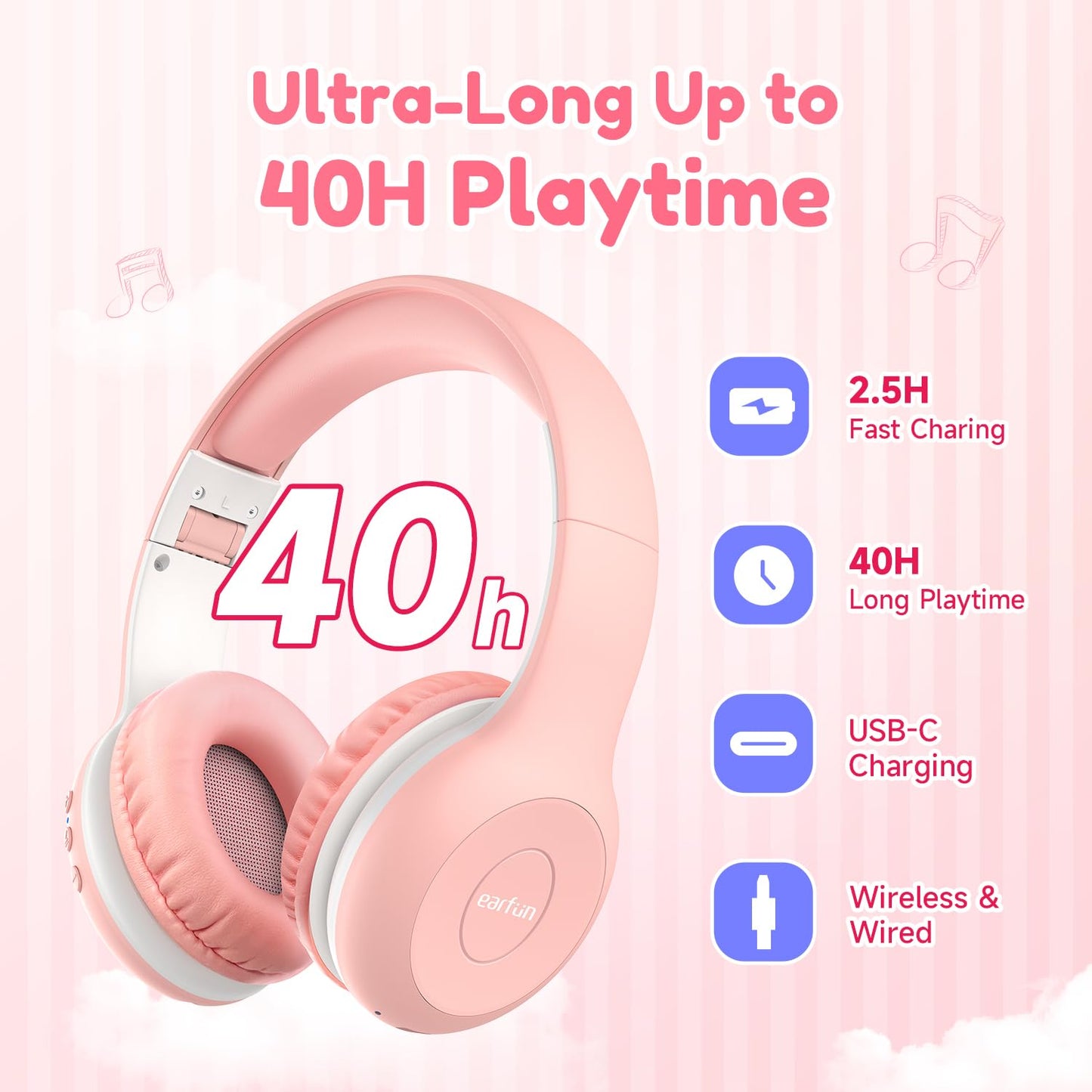 EarFun Bluetooth headphones for kids, 85/94dB volume control, HiFi sound, HD microphone, 40 hrs battery, foldable, adjustable, wireless Bluetooth headphones for school/travel, Pink