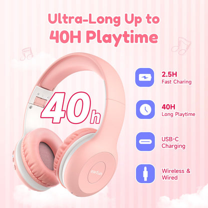 EarFun Bluetooth headphones for kids, 85/94dB volume control, HiFi sound, HD microphone, 40 hrs battery, foldable, adjustable, wireless Bluetooth headphones for school/travel, Pink