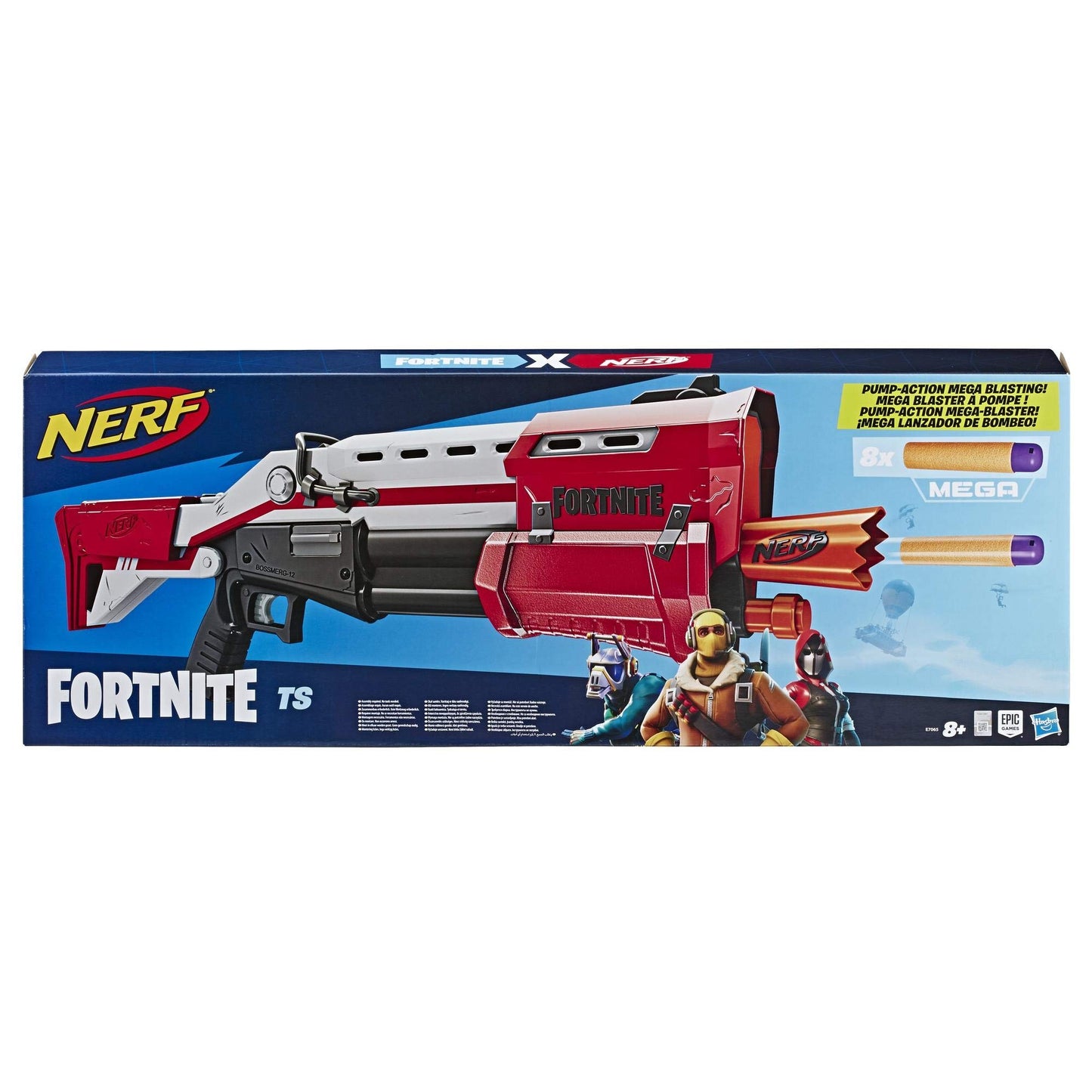 NERF Hasbro E7065EU4 TS Pump-Action Blaster, 8 Mega Fortnite Darts, Dart Storage Compartment - For Teens and Adults Red.