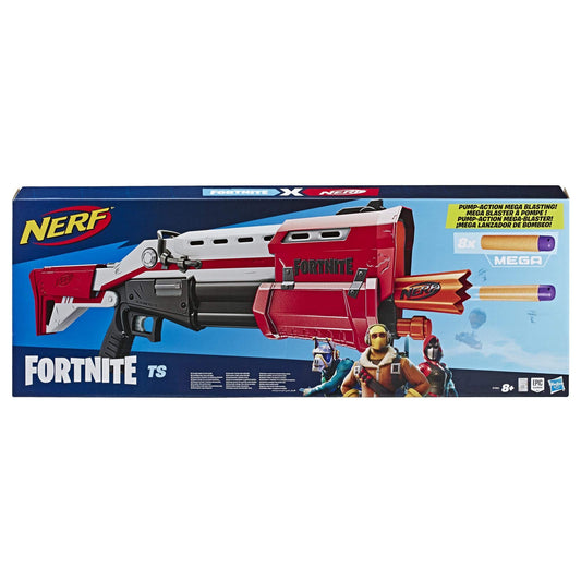 NERF Hasbro E7065EU4 TS Pump-Action Blaster, 8 Mega Fortnite Darts, Dart Storage Compartment - For Teens and Adults Red.