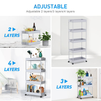 SPACEKEEPER 5-Tier Kitchen Cart, Rolling Storage Cart Shelving Unit on Wheels, Space-Saving Bathroom and Kitchen Shelf for Kitchen Office Bathroom, 113 x 40 x 22cm, Gray.