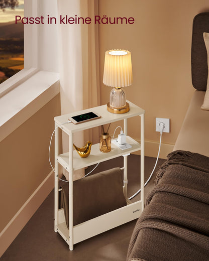 VASAGLE narrow side table with charging function, small coffee table with 3 shelves, magazine rack, for living room, bedroom, home office, cream white LET335W02