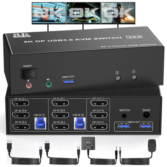 8K DisplayPort triple monitor KVM switch 8K@60Hz 4K@144Hz, DP 1.4 USB 3.0 KVM switch for 2 PCs and 3 monitors. Includes audio and microphone output, as well as 3 USB 3.0 ports. Ideal for multi-monitor setups.