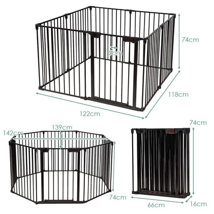 COSTWAY Baby Fireplace Safety Gate foldable, incl. 8 panels, 480 x 74 cm, playpen with safety door, fire guard with wall mounting, metal configuration gate, barrier gate (Black)