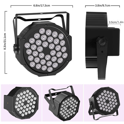 4 Blacklight UV Par Lights 36 LED DMX512 with remote control black light lamp with color changing via sound/auto disco light for DJ party bar Halloween wedding artistic photos.