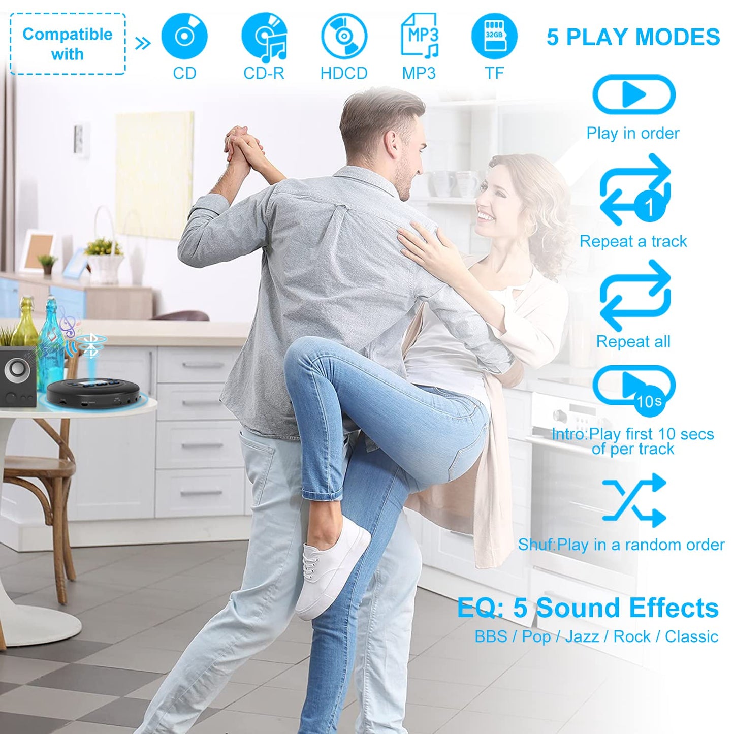 MONODEAL Portable CD Player Bluetooth, Rechargeable Discman for car and kids, Anti-Skip, compact with headphones