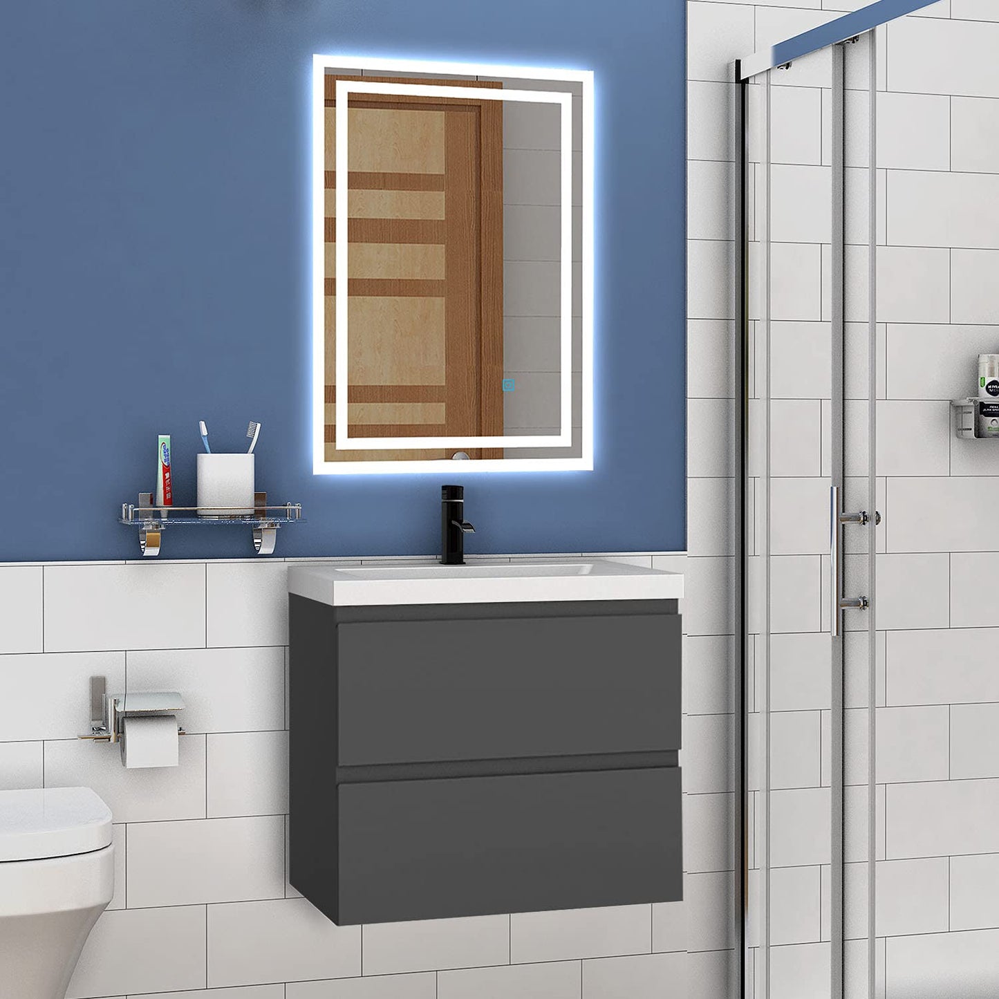 Vanity unit with cabinet 60 cm bathroom furniture set with washbasin mineral cast guest WC anthracite matt
