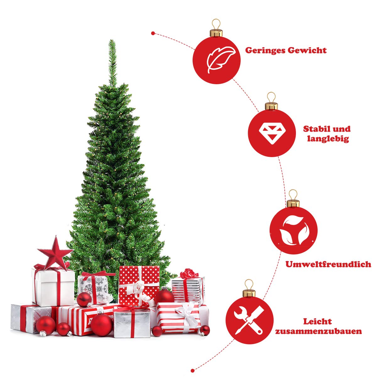 COSTWAY 135/200/225cm pencil Christmas tree with warm white LED lights, artificial fir tree with folding system and metal stand, PVC needles, green artificial Christmas tree (135cm)