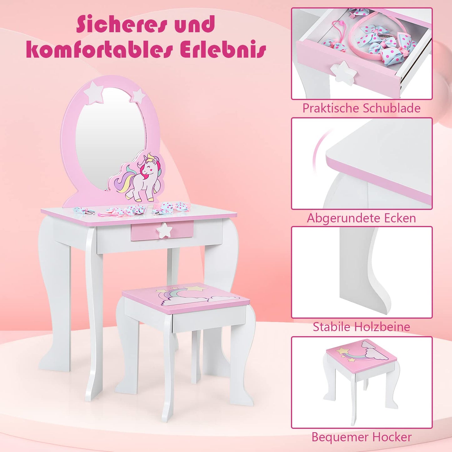 DREAMADE Kids Vanity Set with Stool and Removable Mirror, Princess Vanity Table for Kids, Dressing Table with Drawer, Kids Vanity for Girls (White)