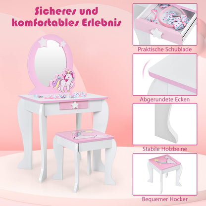 DREAMADE Kids Vanity Set with Stool and Removable Mirror, Princess Vanity Table for Kids, Dressing Table with Drawer, Kids Vanity for Girls (White)