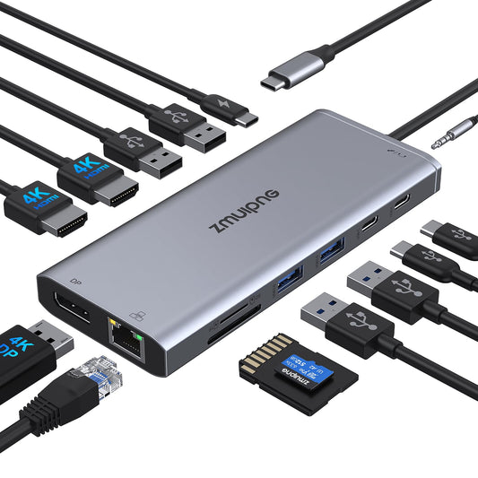 USB C Docking Station Dual Monitor, Triple Display USBC Dock, 14 in 1 Laptop Docking Station with 2 * 4K HDMI, DP/DisplayPort, Ethernet, 4 * USB, 100W PD, USB-C Data, SD/TF, Audio/Mic for Dell HP Lenovo, etc.