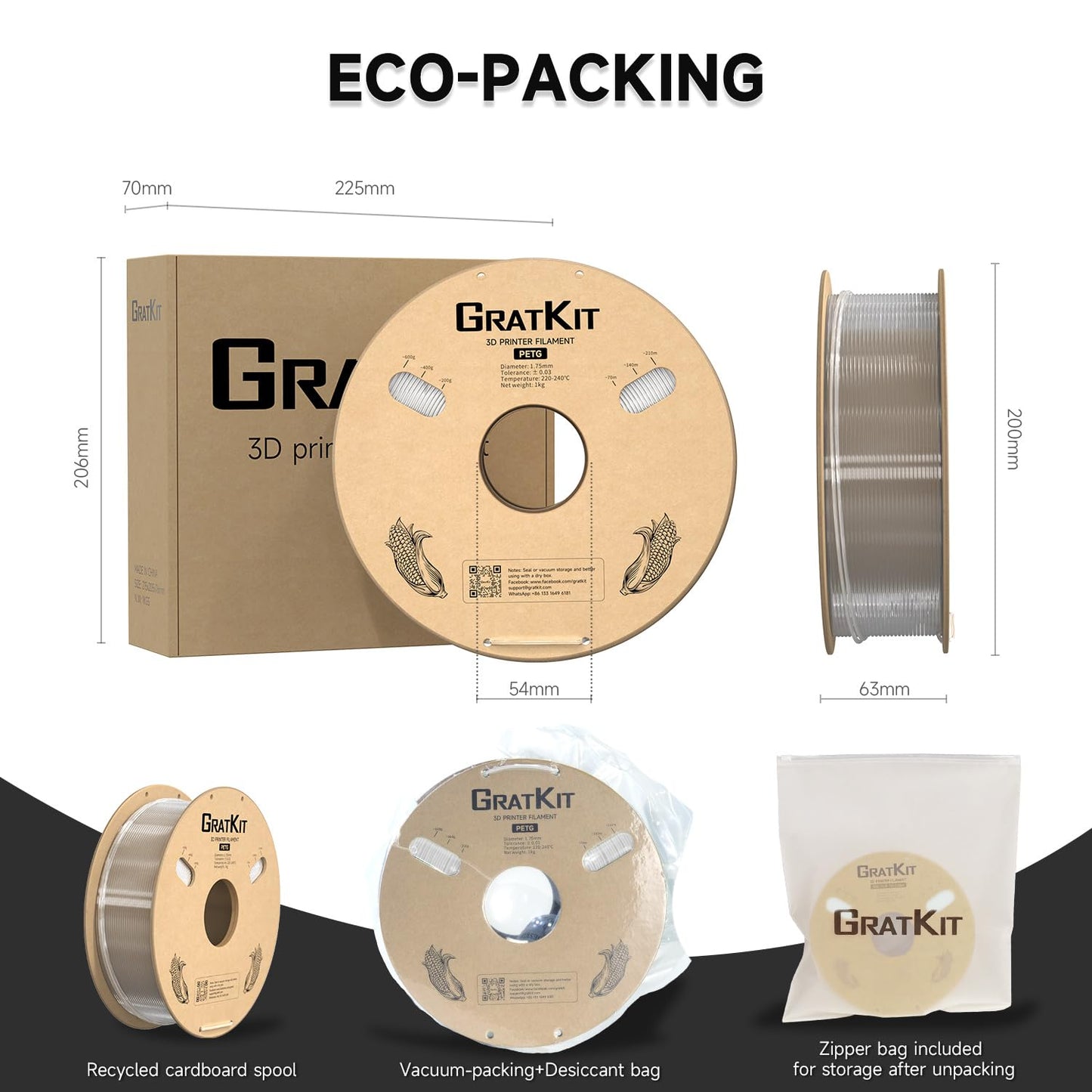 GratKit PETG 3D printer filament 1.75mm 6kg spool, 3D printing filament ±0.03mm precision, Easy to print, Even winding, 6 * 1KG, 6 Packs, Transparent