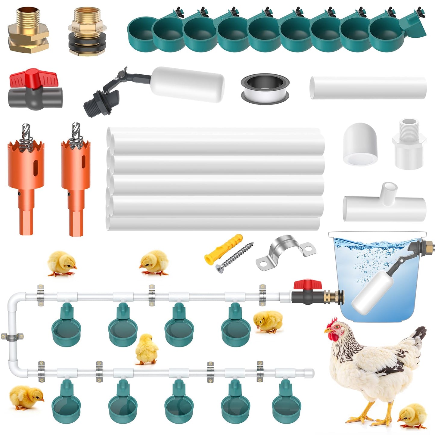DIY Chicken Waterer Set, complete automatic poultry waterer with 9 drinking cups, 10 water pipes, ball valve, pure copper adapter, waterproof tape.