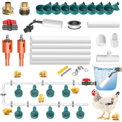 DIY Chicken Waterer Set, complete automatic poultry waterer with 9 drinking cups, 10 water pipes, ball valve, pure copper adapter, waterproof tape.
