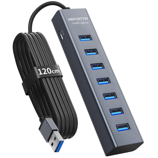 7-port USB hub 3.0 with 120cm cable for desktop, aluminum USB splitter 5Gbps multiport adapter splitter with 5V 3A Type-C port for PC, laptop, MacBook, U-disk, mouse