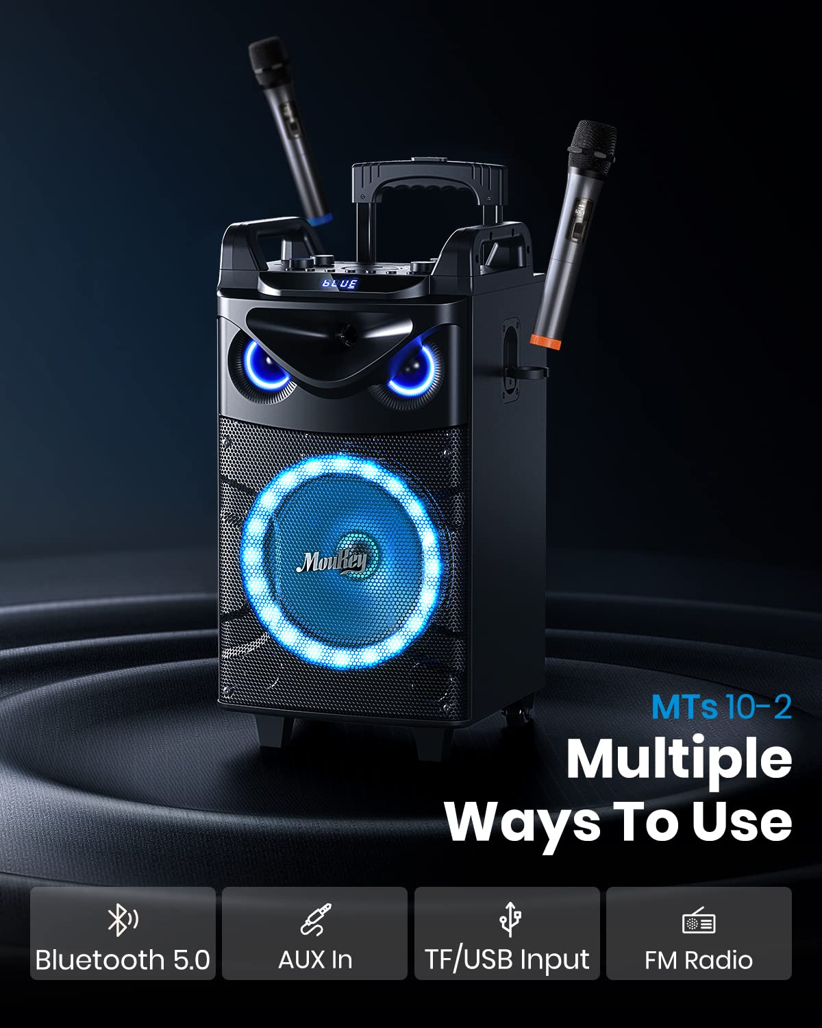 Moukey Karaoke Machine, Large karaoke system with 26cm woofer & 8cm tweeter & 2 microphones, Rechargeable Bluetooth speaker with light effect tablet holder TWS/Rec/AUX/USB/TF/FM for party.