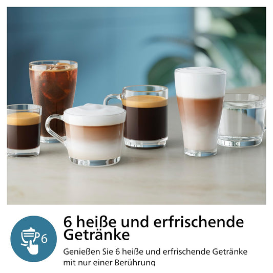 Philips 3300 Series Coffee Maker - 6 drinks, Modern color touchscreen display, LatteGo milk system, SilentBrew, 100% ceramic grinder, AquaClean filter. Blackchrome (EP3347/90)