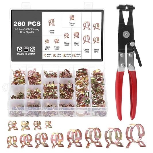 260 pieces of hose spring clamp in 12 sizes fuel line hose clamps hose clip hose clamps closure fuel line clamp 6-25mm, with a hose clamp pliers.