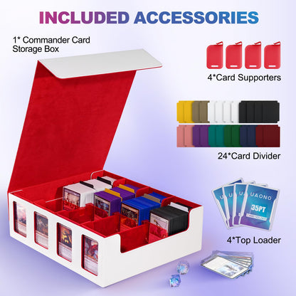UAONO Trading Card Storage Box with Commander Display; 2400+ Deck Box for MTG with removable lid; Toploader card box for Magic TCG, PTCG, sports cards; 24 dividers, 4 stop blockers - White/Red