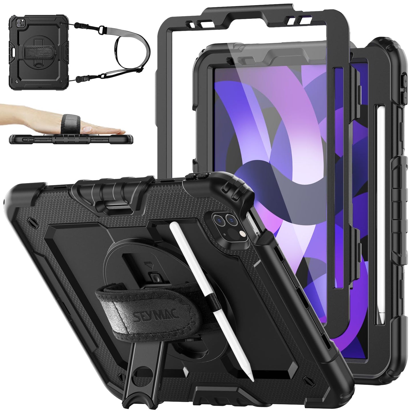 SEYMAC stock case for iPad Air 5th/4th generation 10.9 inch, shockproof protective cover with pencil holder, screen protector, 360° rotatable stand/hand strap, shoulder strap, black.