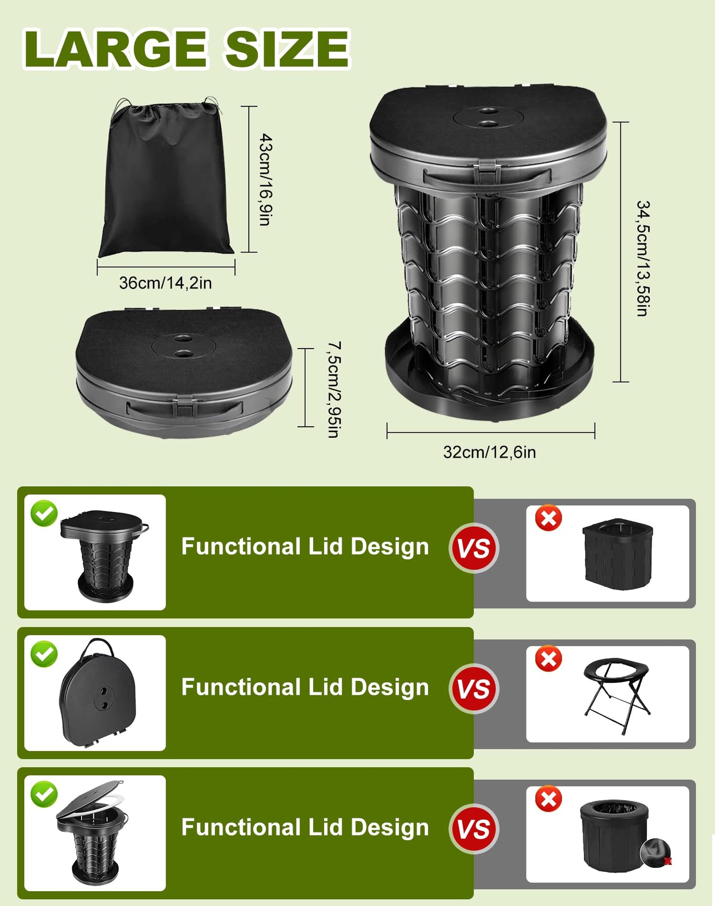 Folding camping toilet with toilet bag, portable toilet with lid, 34cm height, stable, max 400 lbs weight capacity, for outdoor camping, grilling, travel, fishing, beach, self-driving.