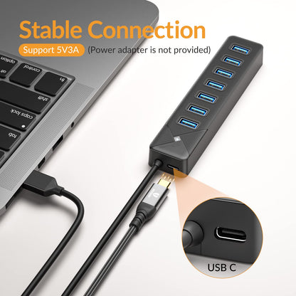 GiGimundo PG7U USB Hub 3.0, 7-Port USB Splitter, 1m Cable with 5V/3A Power Input, Multi USB Adapter for PC Laptop, older MacBook, PS4, PS5, Flash Drive, Keyboard, Mouse GGM-PG7U-U3-10-BK-EU