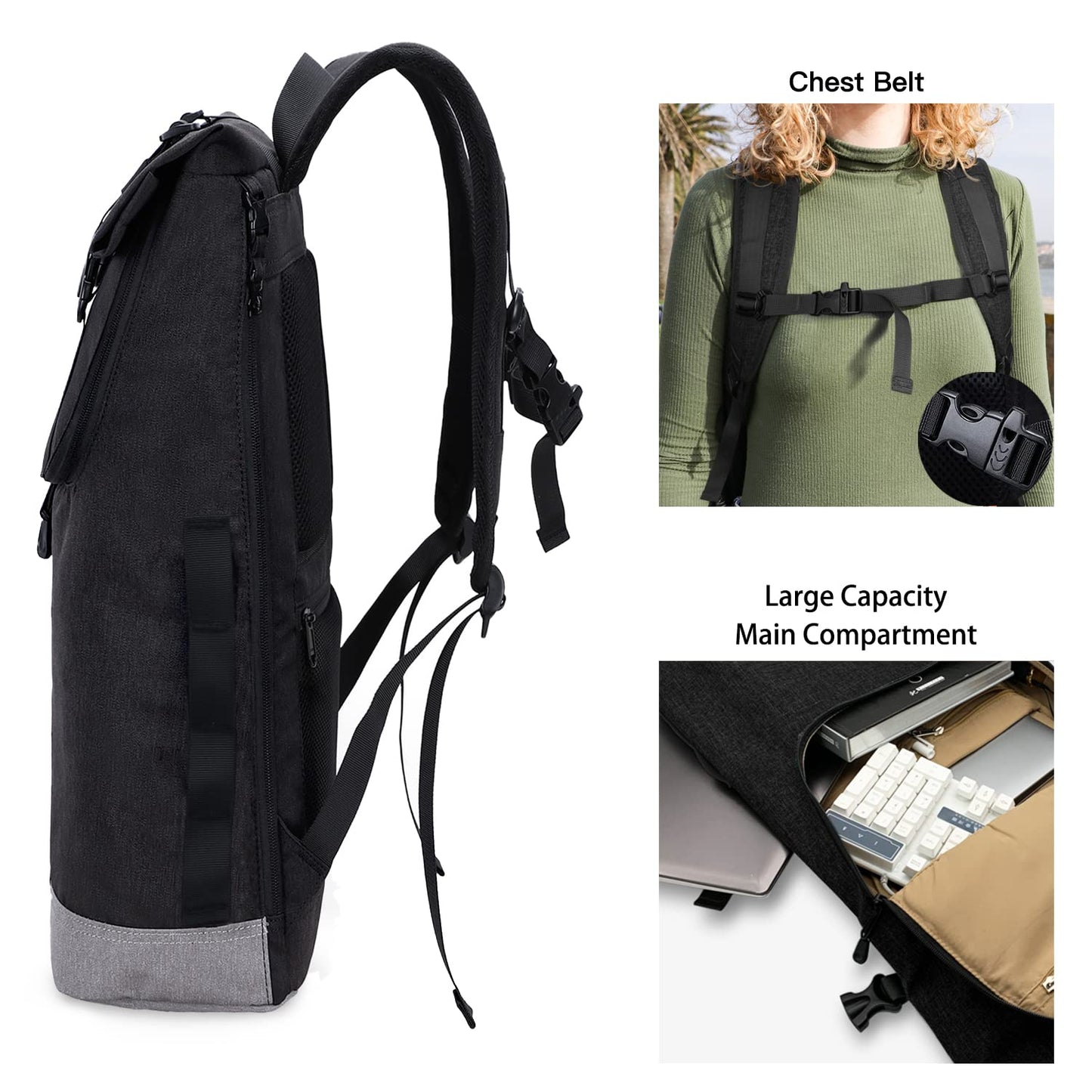 EverVanz Laptop Backpack, waterproof travel backpack, backpack for women and men, lightweight, casual, stylish schoolbag, 1. Black, L, Compact, elegant