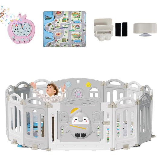 Sunworld Playpen baby playpen Foldable playpen with crawling mat and story box, Baby playpen, Foldable playpen 14-panel safety gate for children made of plastic (Gray white)