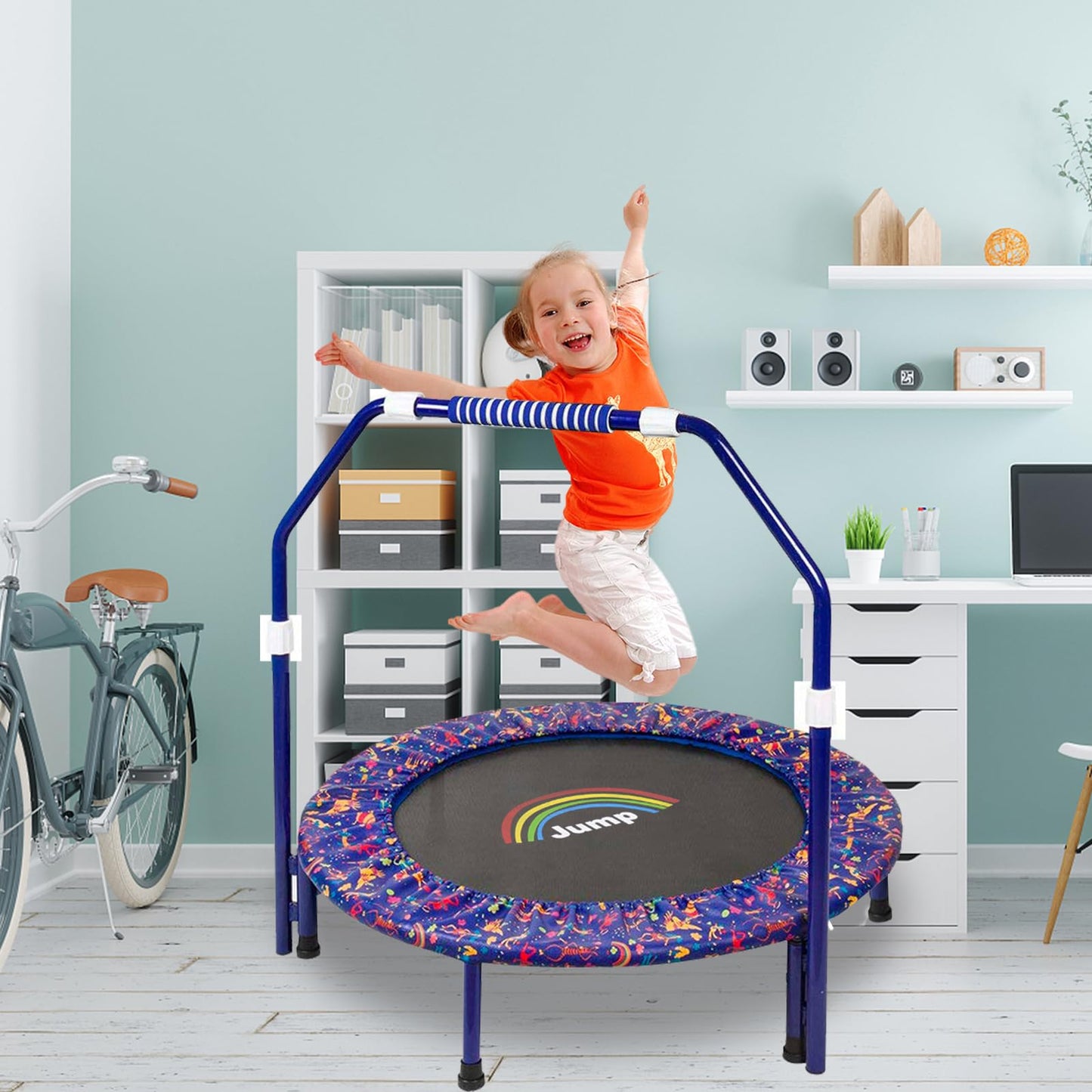 Trampoline for Kids|Approx. 91 cm diameter|Foldable rebounder for mini trampoline with foam handle, safety pads, and durable cover for indoor and outdoor use|Trampoline for jumping fitness (Blue)