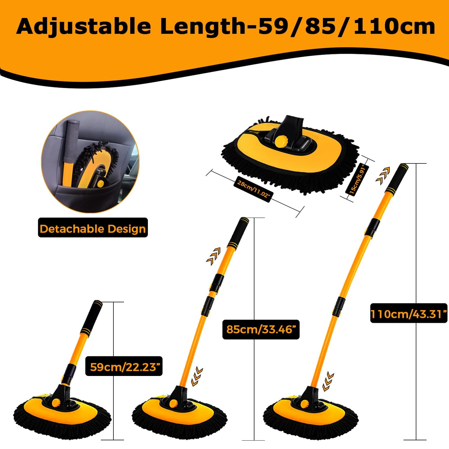 WillingHeart 15° Curve Car Wash Brush with Telescopic Handle RV Car Truck Auto Wash Brush Telescopic 43" Aluminum Microfiber Car Wash Mop Scratch-Free Cleaning Tool Wash Set Detailing Brush