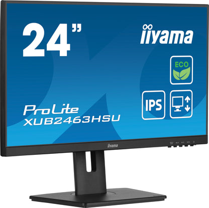 iiyama Prolite XUB2463HSU-B1 23.8" IPS LED Monitor with Full HD resolution, 100Hz refresh rate, HDMI, DP, USB3.2 ports, slim design, height adjustment, pivot function, FreeSync technology, energy class B, and black color.