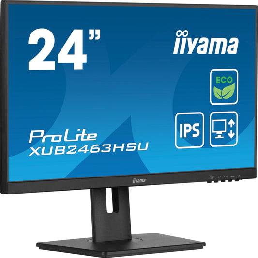 iiyama Prolite XUB2463HSU-B1 23.8" IPS LED Monitor with Full HD resolution, 100Hz refresh rate, HDMI, DP, USB3.2 ports, slim design, height adjustment, pivot function, FreeSync technology, energy class B, and black color.