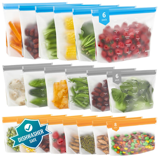 IDEATECH 20 Pack Reusable Freezer Bags with Stand-Up Bottom Design, Silicone Bags for Food, Storage Bags Sandwich Bags Kitchen Bags for Vegetables Milk Snacks Meat