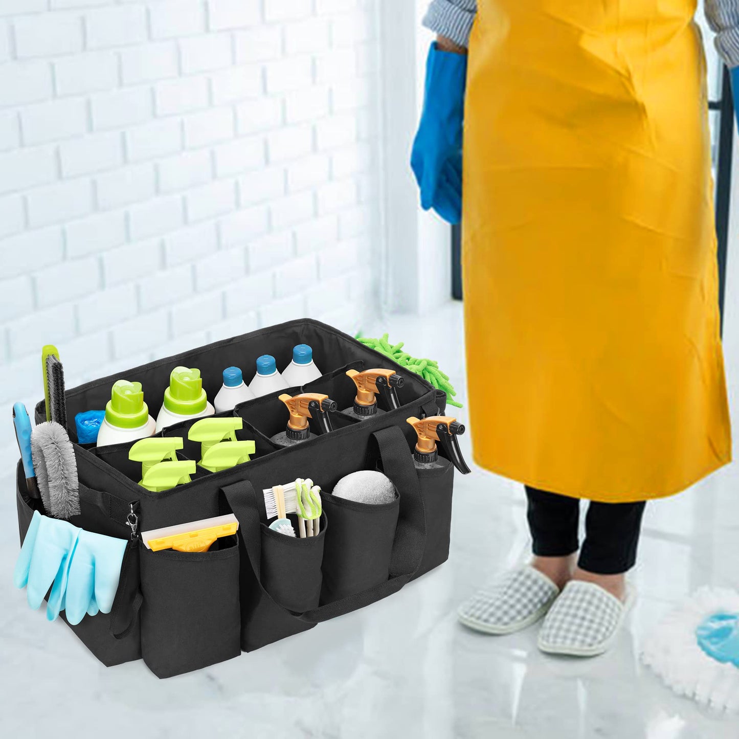 HODRANT Extra Large Cleaning Caddy Organizer, with sturdy pad & handles, Cleaning Storage Bag for Cleaning Products (Black)