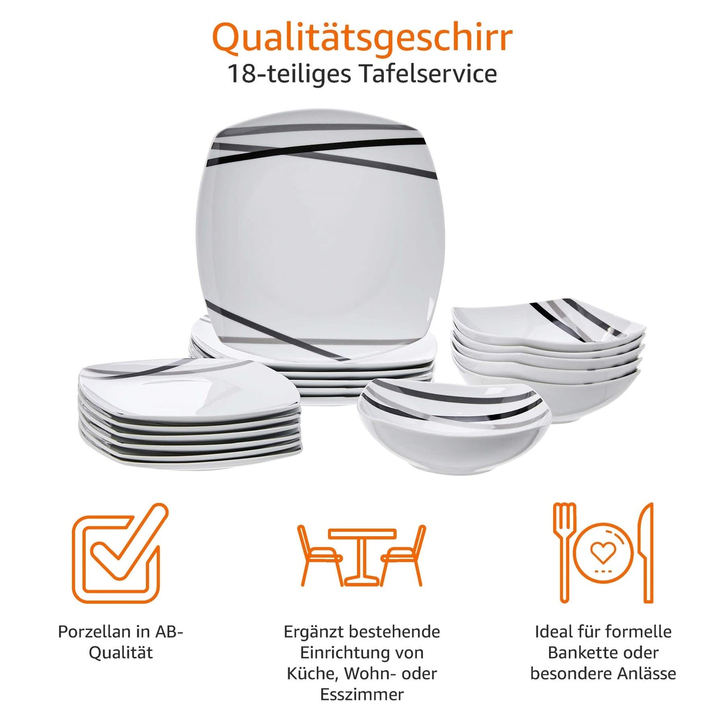 Amazon Basics 18-Piece Dinnerware Set, Modern Rays Design, for 6 People