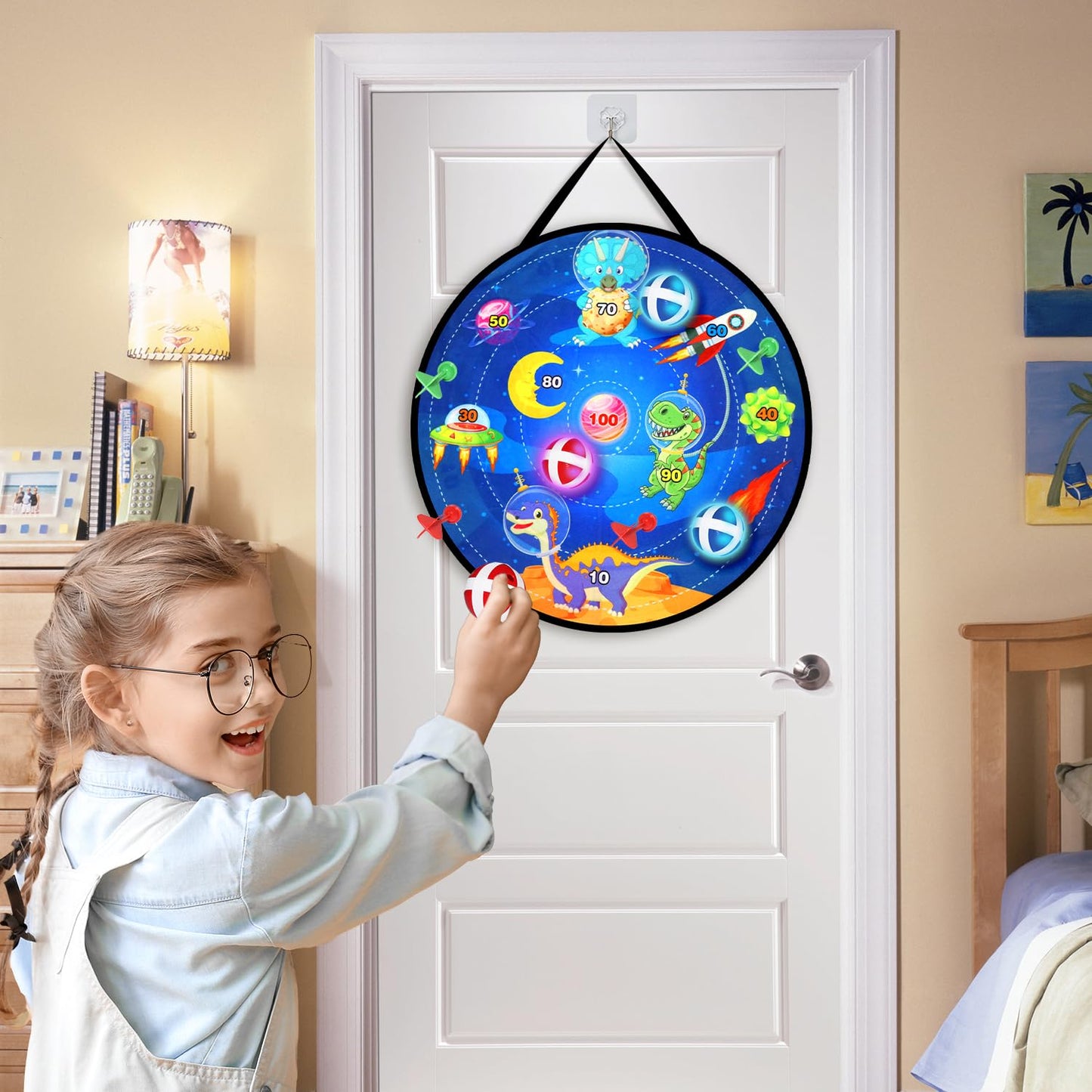Oneyus kids dartboard 73cm, kids toy double-sided dartboard with 2 blasters 20 foam bullets 6 Velcro ball throwing game kids balls, 6 darts, indoor outdoor games for kids gifts.