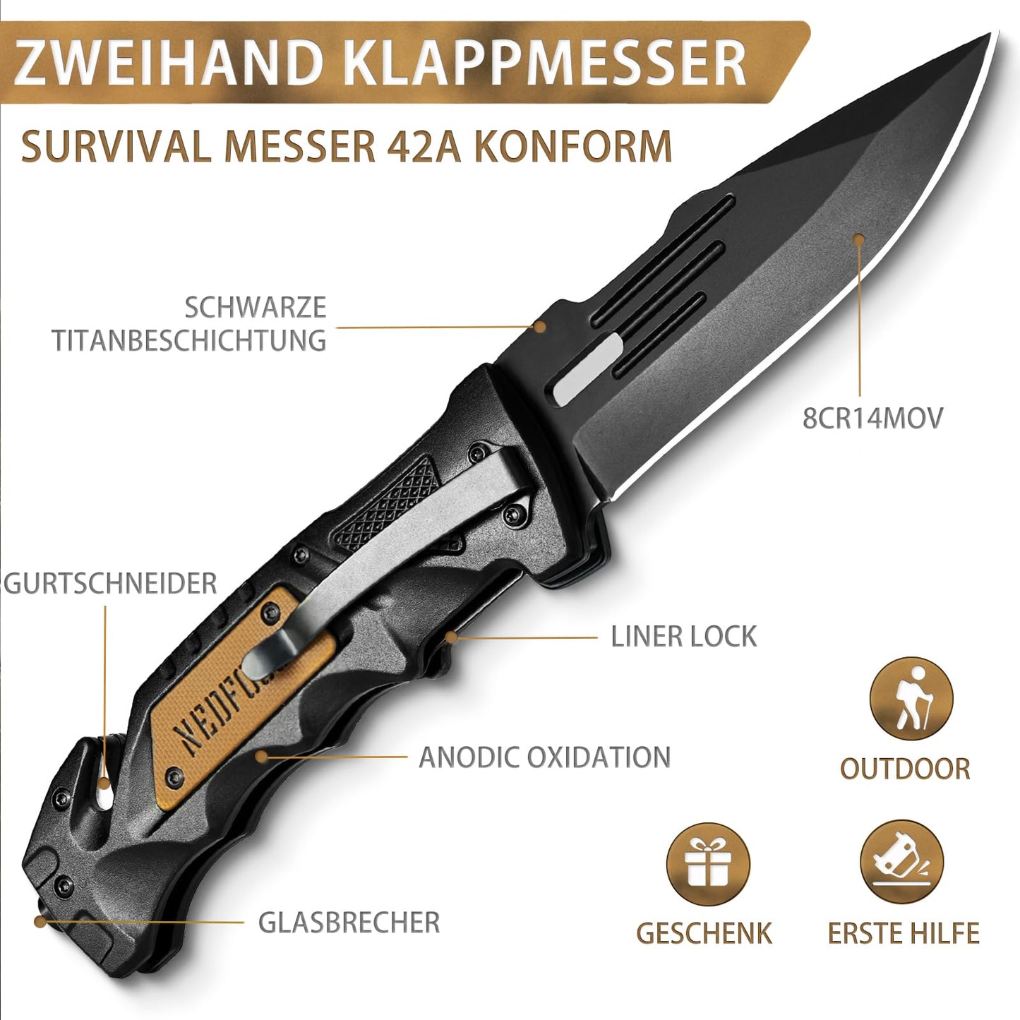 NedFoss DA75 two-hand knife, 10CM pocket knife with seatbelt cutter & glass breaker, legal folding knife with liner lock & ball bearing, survival knife outdoor, rescue knife with clip in gift box.