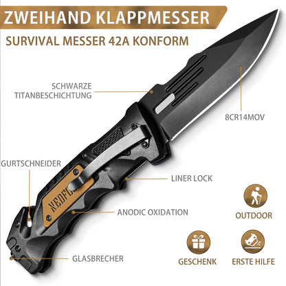 NedFoss DA75 two-hand knife, 10CM pocket knife with seatbelt cutter & glass breaker, legal folding knife with liner lock & ball bearing, survival knife outdoor, rescue knife with clip in gift box.
