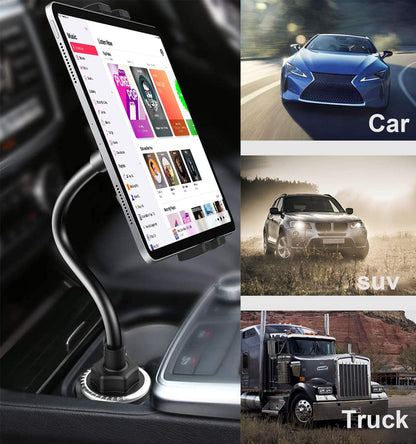 Oilcan tablet car cup holder, swan neck car tablet drink holder with flexible long arm for iPad Pro Air Mini, Samsung Tab, Fire, iPhone 13 Pro Max, 4-12.9" phones and tablets.
