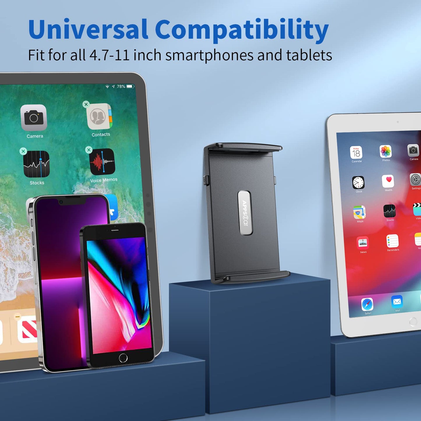 APPS2Car tablet holder for car, suitable for 7.9-11 inch tablets like iPad mini/9.7/10.2/10.5 and more. Features a 13" long arm, anti-vibration design, and 360 degree adjustability.
