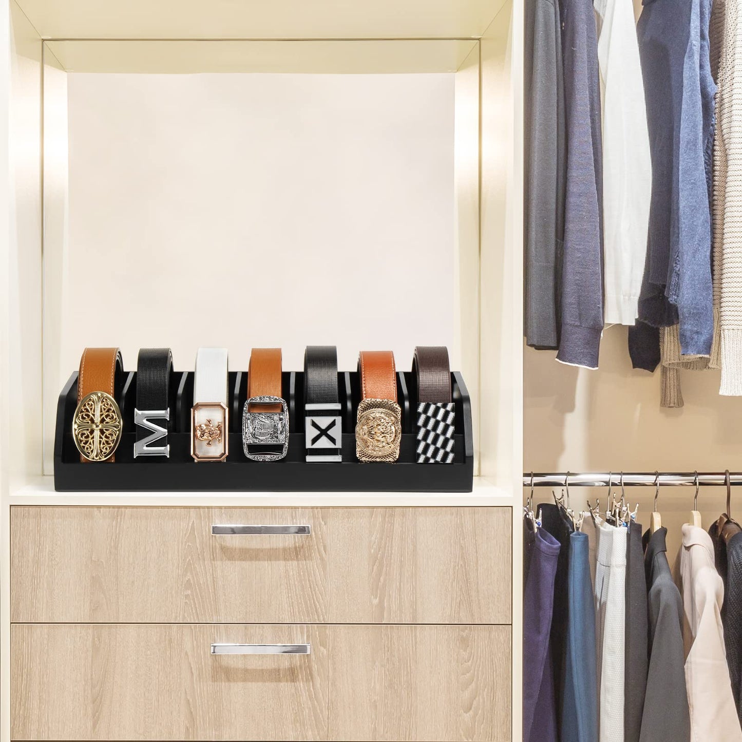 B4Life Belt Storage, 7 Compartment Belt Holder for Men, Bamboo Belt Display Rack for Closet and Drawer, Belt Showcase, Belt Organizer for Wall Belt Hanger (Black)
