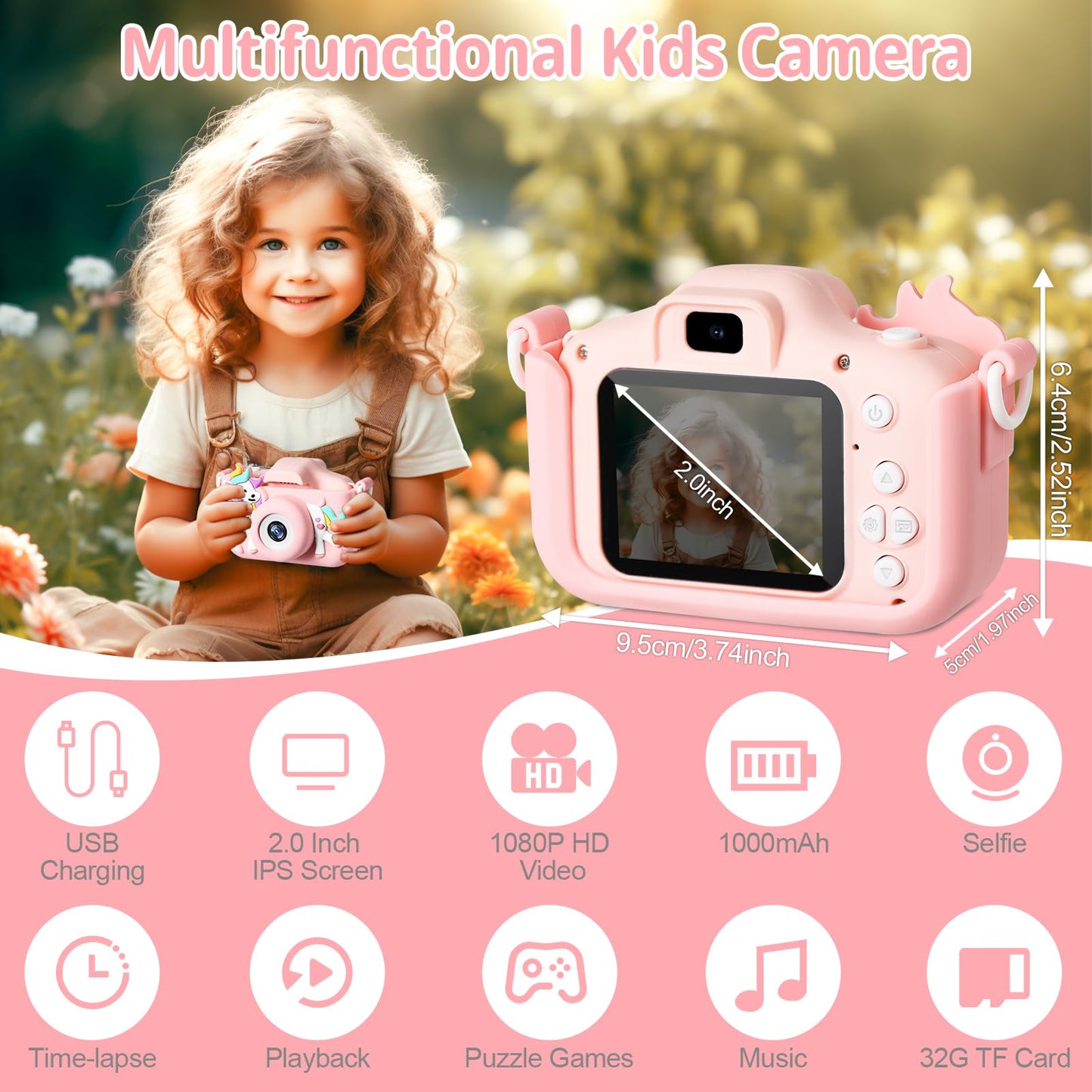 BNEHHOV Kids Camera 2.0-inch Screen 1080P Children's Camera with 32GB SD Card Selfie Digital Camera for Boys and Girls for Christmas Toy