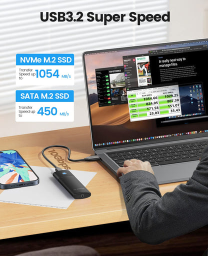 ORICO NVMe enclosure M.2 SATA SSD adapter, USB 3.2 Gen 2 10Gbps PCIe, 5Gbps NGFF M.2 SATA B+M Key 2230/2242/2260/2280, Aluminum external M.2 case support UASP Trim, tool-free PWDM2-BK.