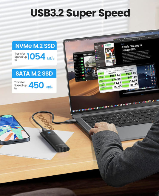 ORICO NVMe enclosure M.2 SATA SSD adapter, USB 3.2 Gen 2 10Gbps PCIe, 5Gbps NGFF M.2 SATA B+M Key 2230/2242/2260/2280, Aluminum external M.2 case support UASP Trim, tool-free PWDM2-BK.