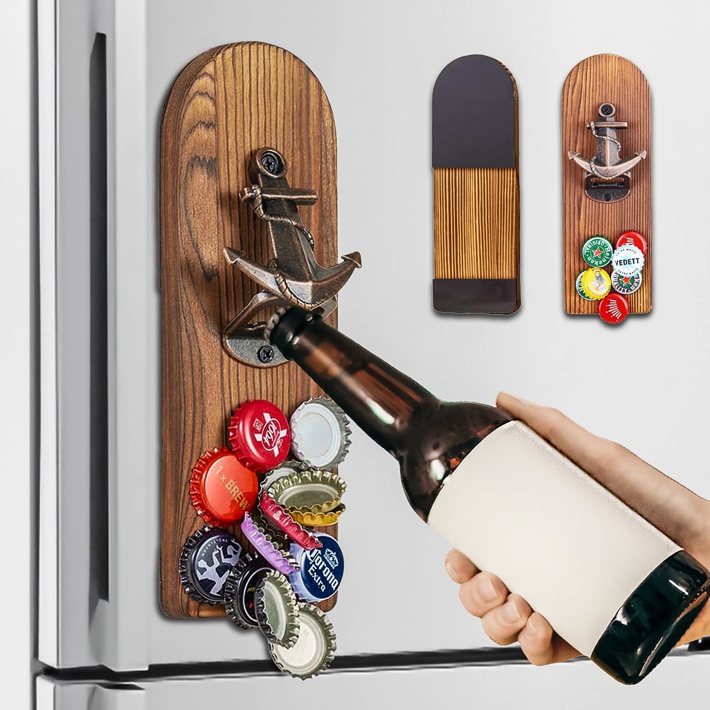 ZONSUSE Bottle Opener Wall Magnet with Catcher, Vintage Wood Beer Opener Wall with Container, Magnetic Bottle Opener, Unique Gift Ideas Gifts for Men Christmas Gifts