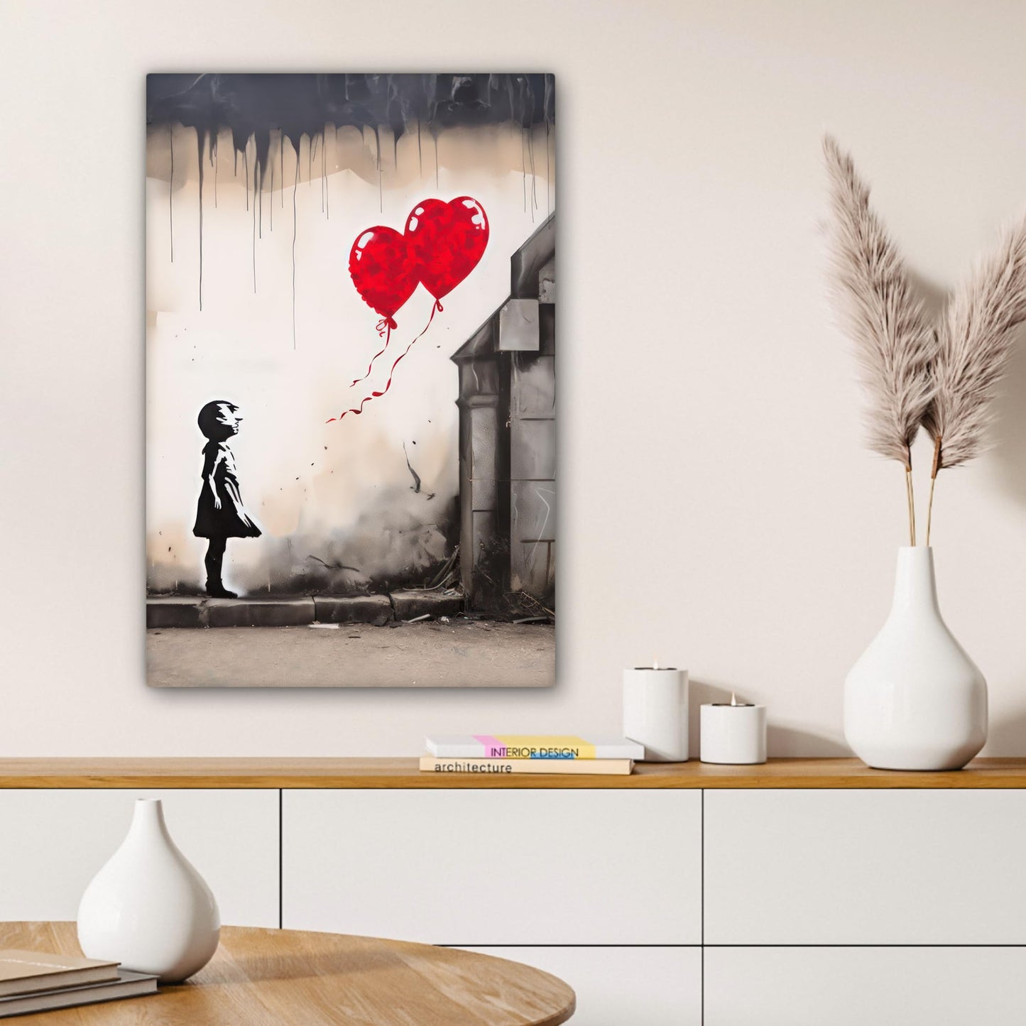 MuchoWow© canvas print 40x60 cm Bedroom Wall Art Living Room Modern Wall Decor Gallery Wall Gift Banksy - Street Pop Art - Art - Girl - Balloons - Heart - Gray