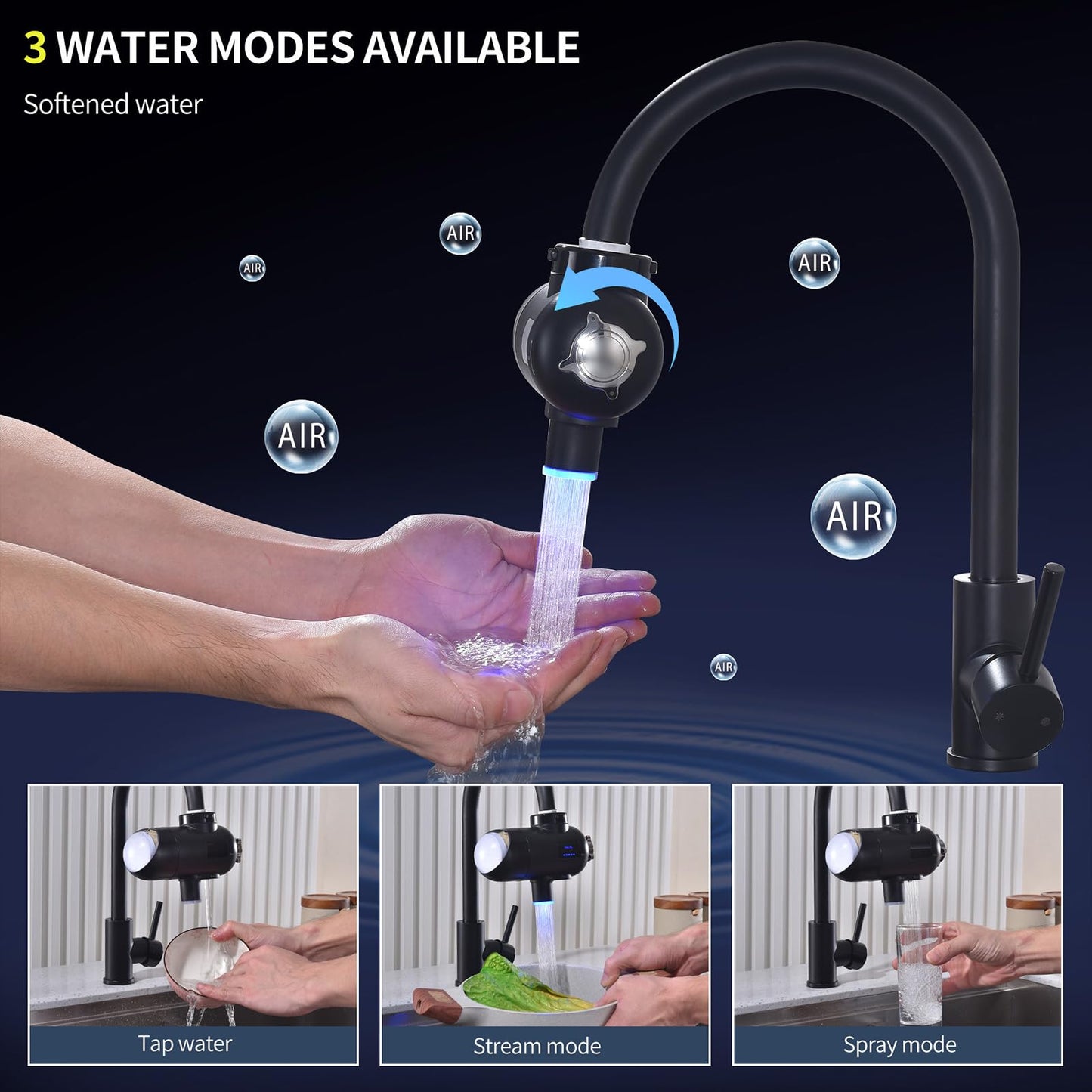 HOMELODY water filter faucet 3.0 with LED display, drinking water filter for kitchen, removes chlorine, heavy metals, and bad taste, 12x adapter filters with blue light (1 filter included)