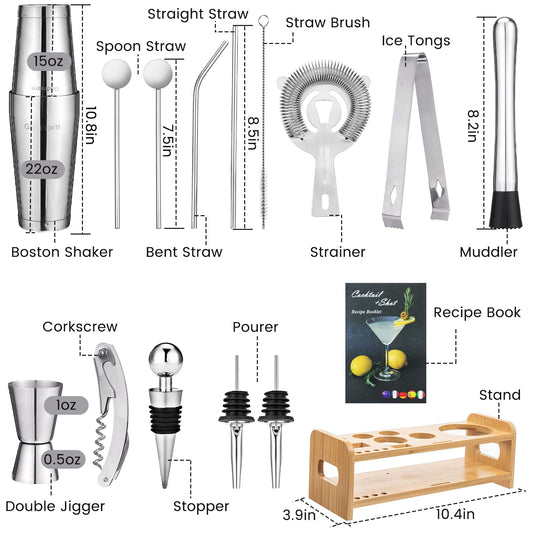 Boston Cocktail Shaker Set, 16 Stainless Steel Cocktail Set, Professional Cocktail Mix Set, 600/450ML Cocktail Shaker with Bar Accessories Bartender Set with Bamboo Stand for Home Bar Gift Set