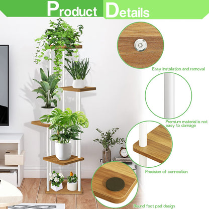 VASZOLA 5-Tier Wooden Flower Rack Plant Stand, Multi-layer Flower Display Stand Plant Shelf Flower Bench Flower Stairs Plant Stairs Shelf for Indoor Garden Balcony Decor (White)